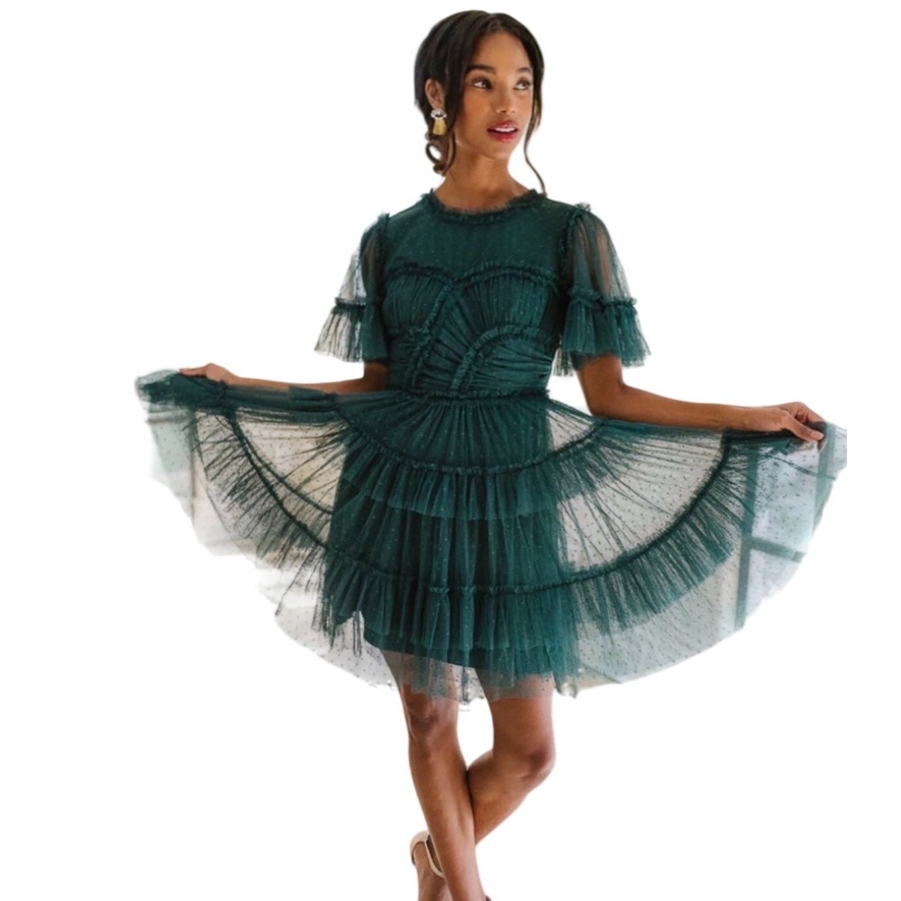 Ivy City Co Short Mini Whimsical Dress Emerald Green Tiered Lace Ruffle Small - Picture 3 of 11